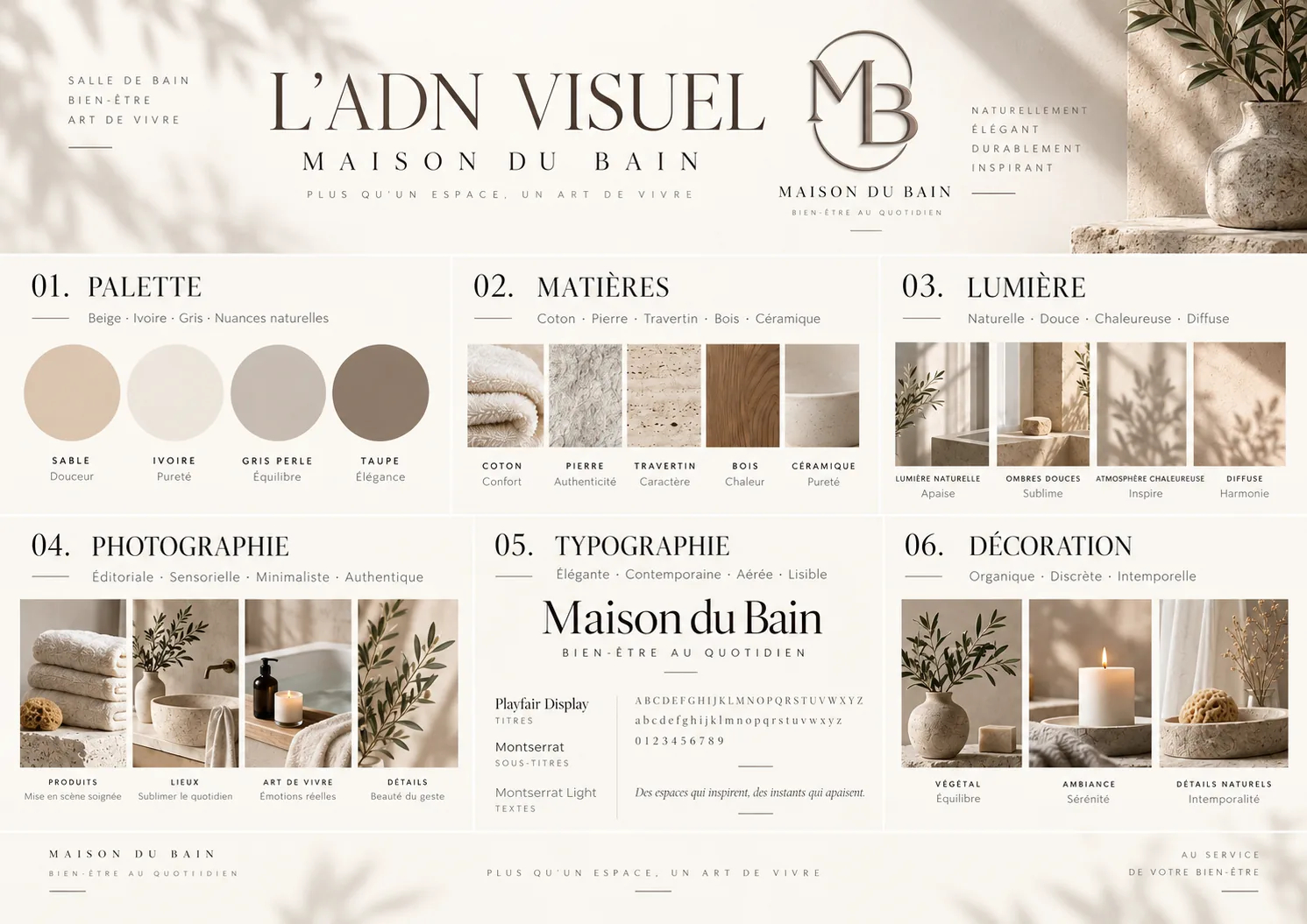 Planche ADN visuel MDB : palette, matières, lumière, photographie, typographie et décoration