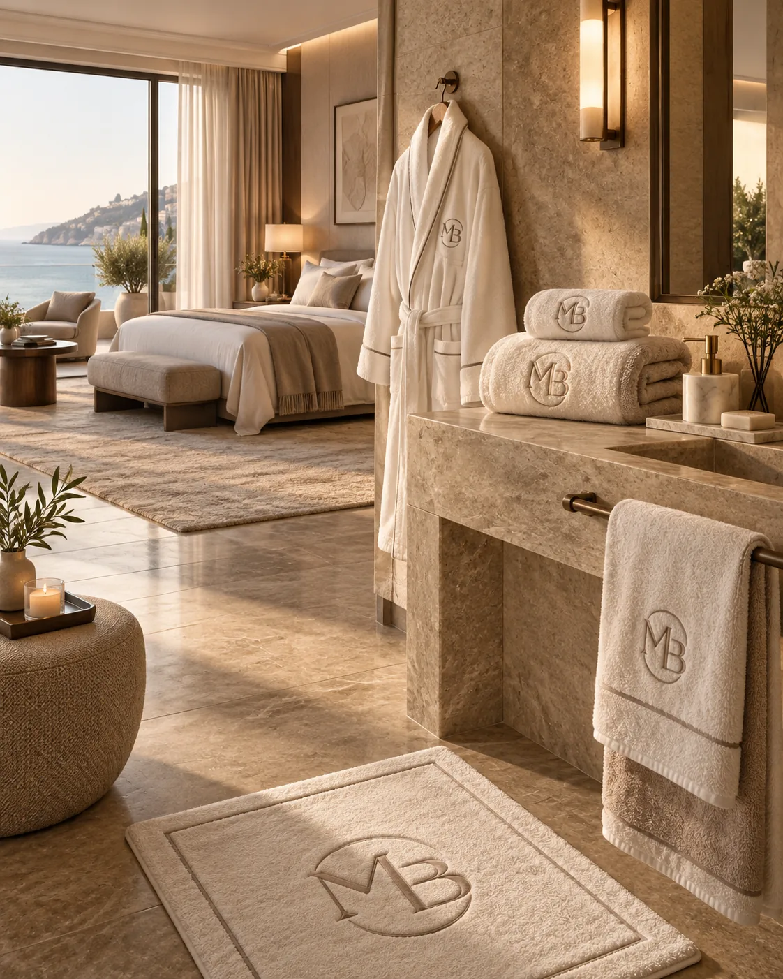 Chambre d’hôtel en pierre claire : peignoir MDB suspendu, serviettes pliées et tapis brodé du monogramme