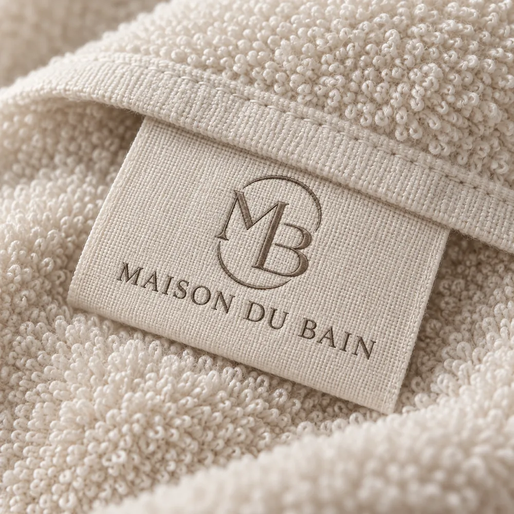 Étiquette textile MDB cousue sur une serviette éponge