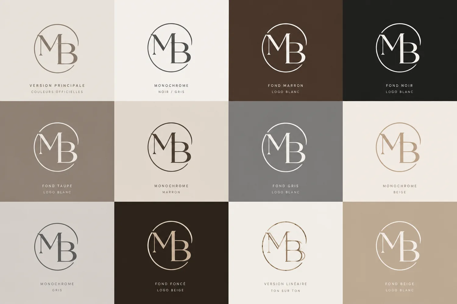 Douze déclinaisons du monogramme MDB sur des fonds ivoire, beige, gris, marron et noir