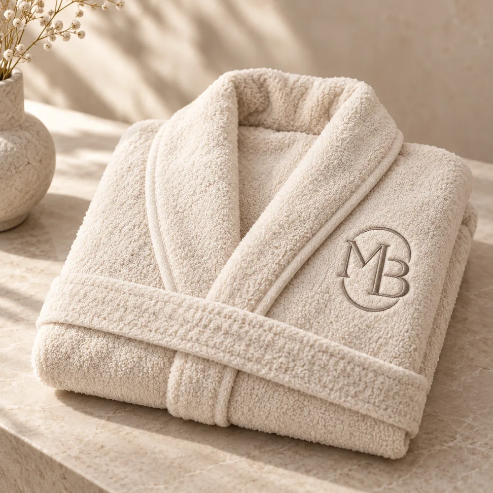 Peignoir MDB plié, monogramme brodé sur la poitrine