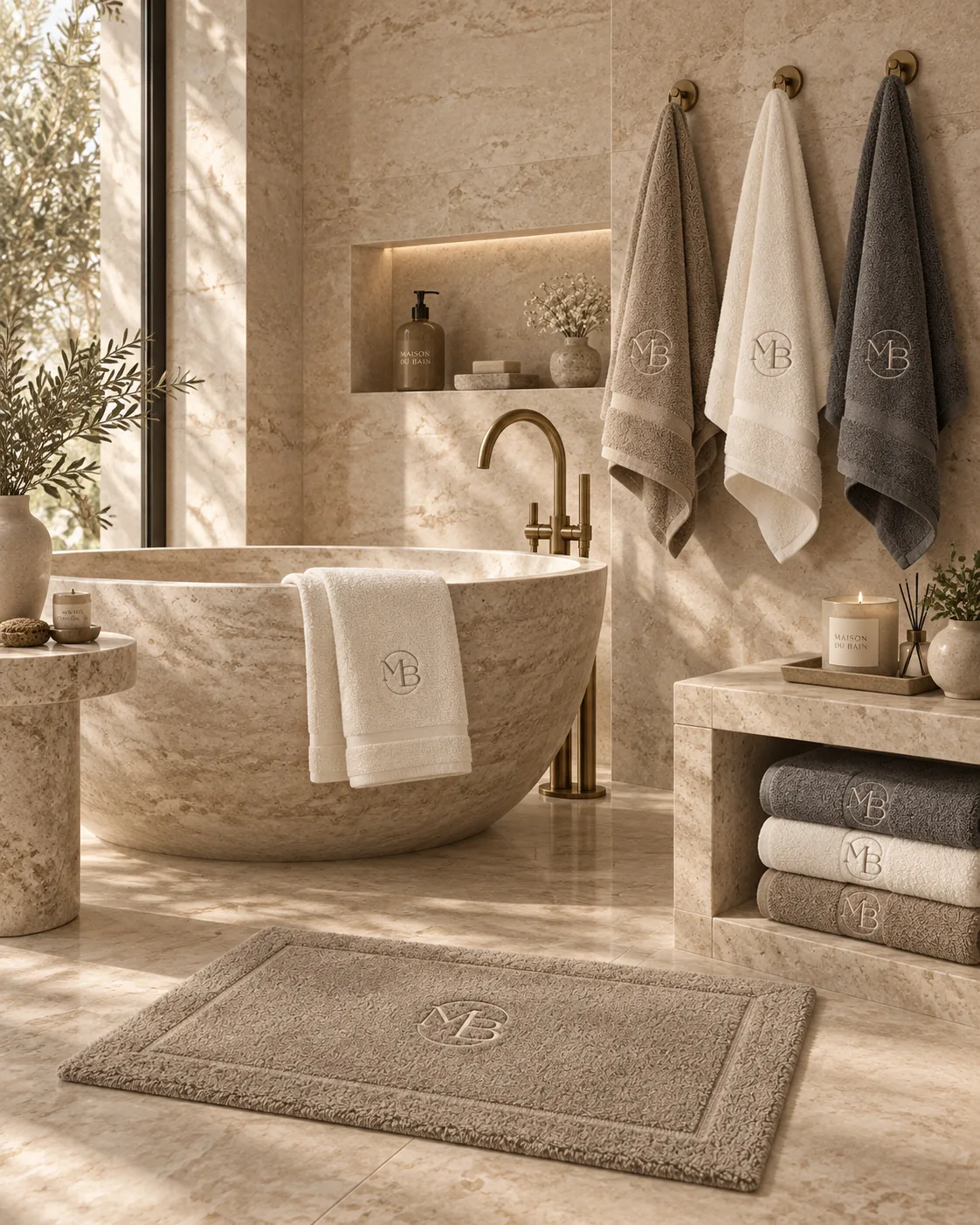 Salle de bain d’hôtel avec baignoire en pierre, serviettes MDB suspendues et tapis brodé