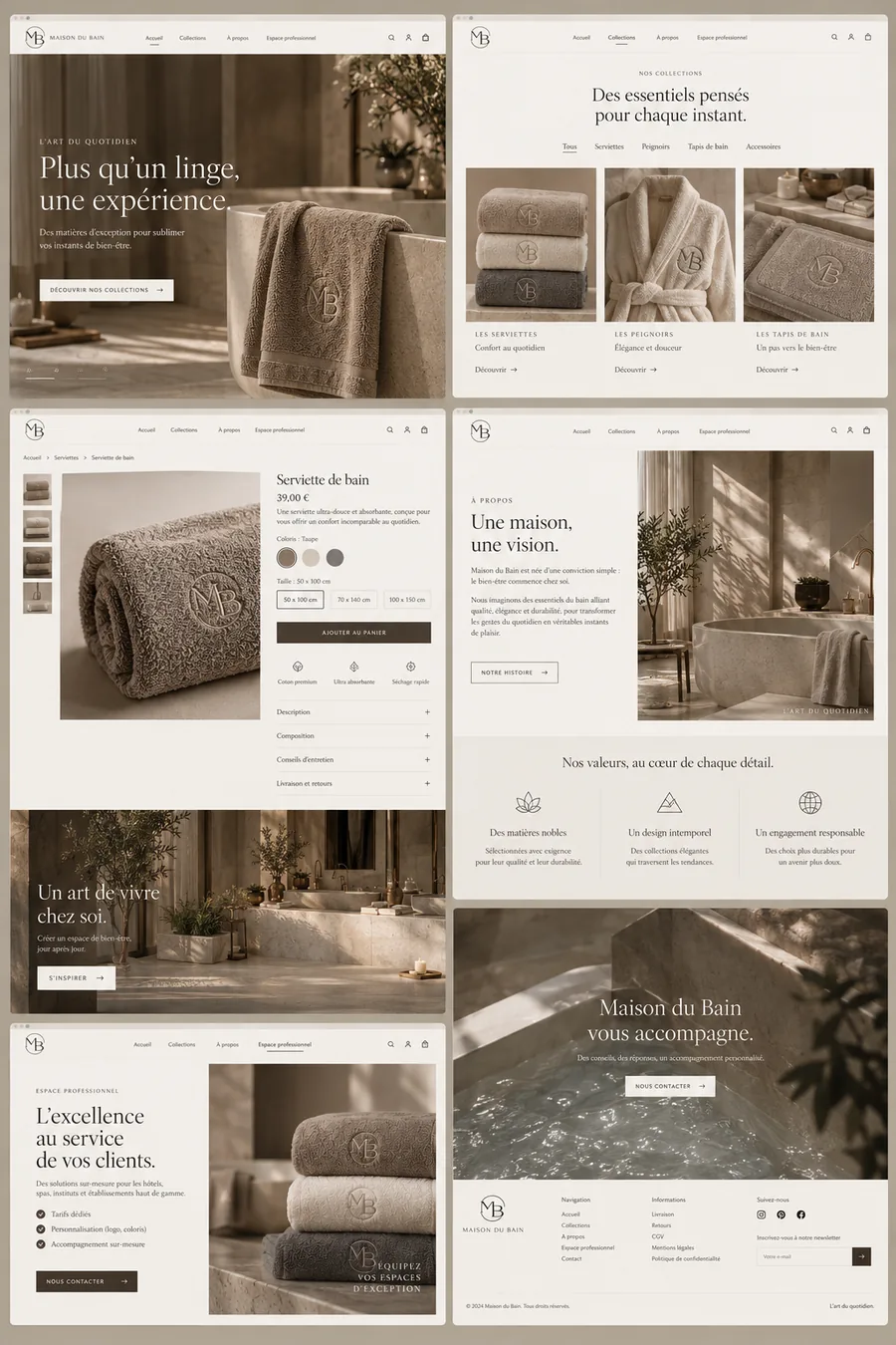 Maquette du site MDB : accueil, collections et fiche produit