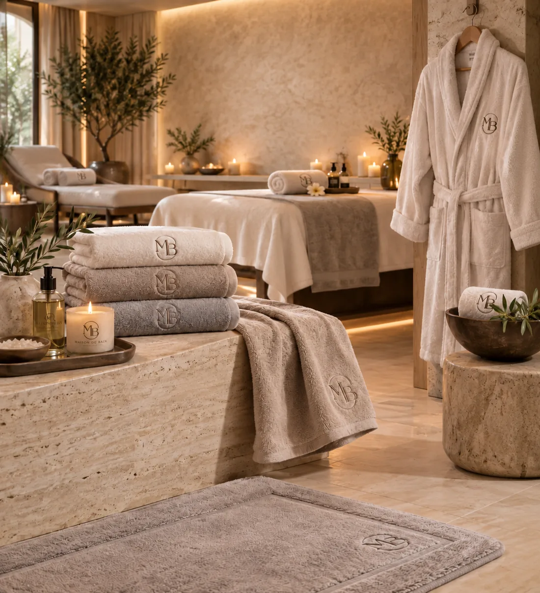 Spa en travertin : serviettes MDB pliées sur une banquette, peignoir suspendu, lumière de bougies
