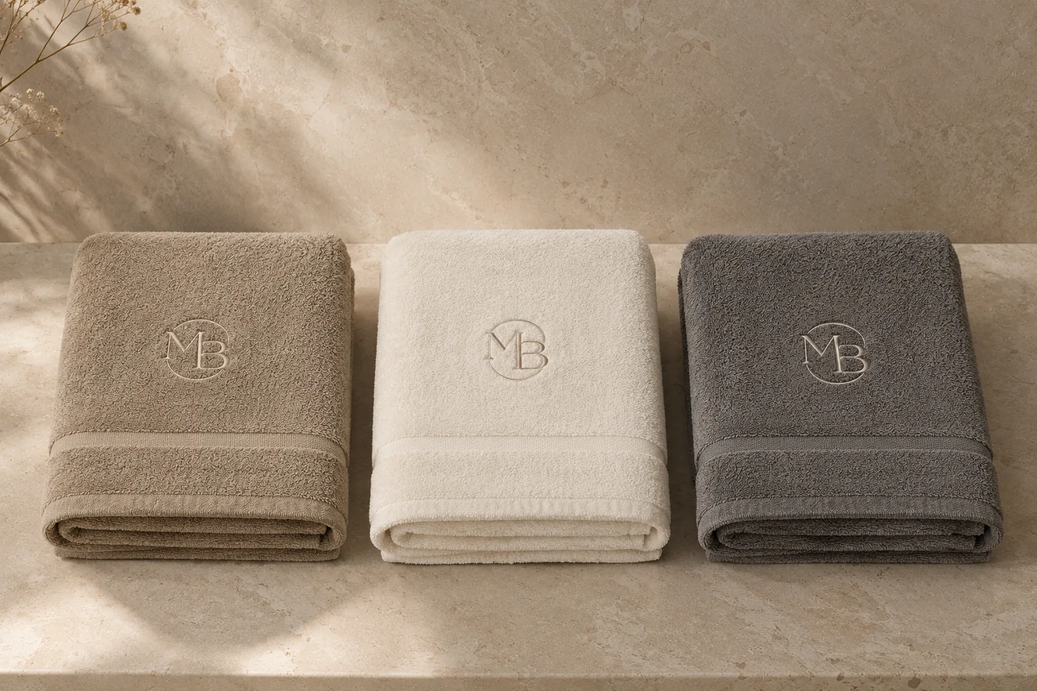Trois serviettes MDB pliées, en taupe, ivoire et gris anthracite